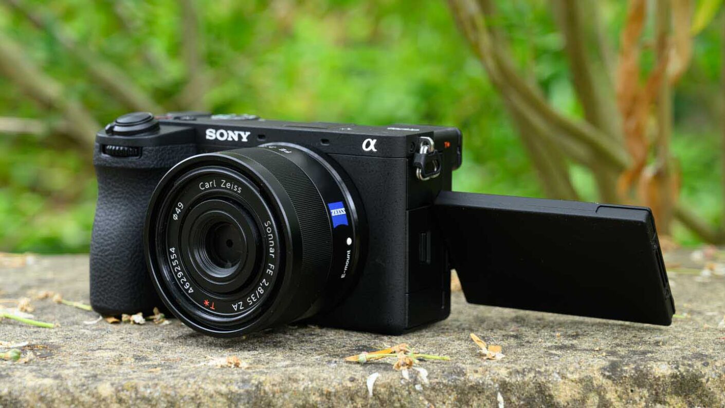 Sony A6700 review: front of the camera with the screen flipped out